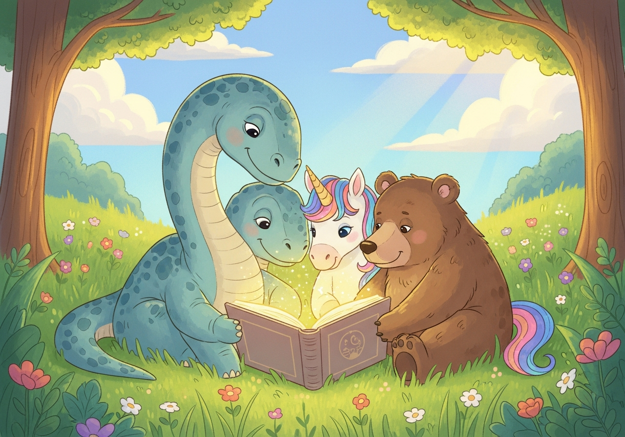 Friendly animals sharing a magical book together.