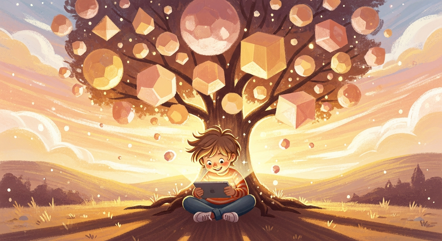 A joyful child sitting under a magical glowing tree playing a personalized learning game on a tablet