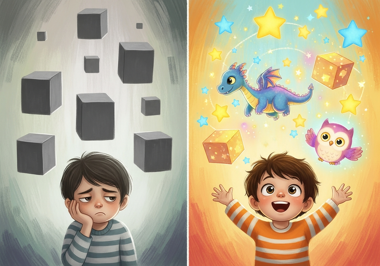 A child moving from boredom to delight inside a magical learning world.